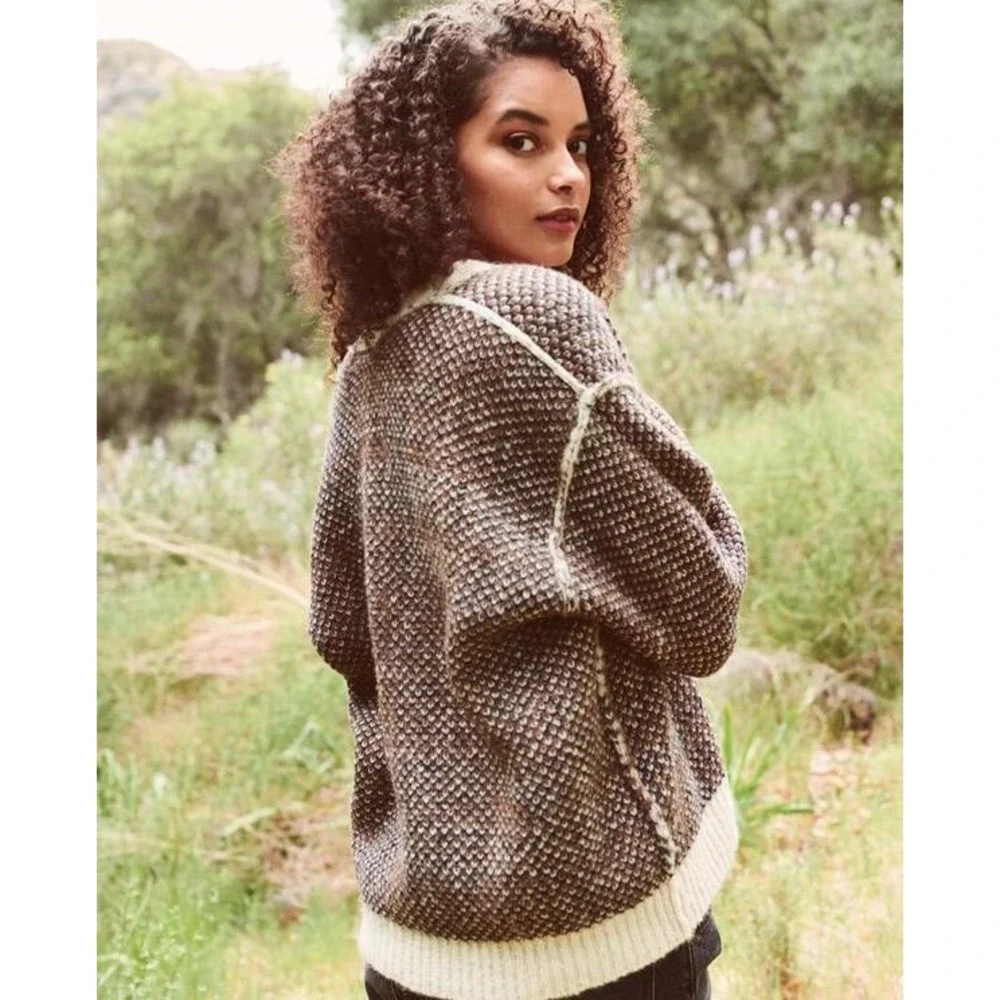 THE GREAT. | Estate Reversible Cardigan 3/Large Toasted Plaid Alpaca Wool Blend - Picture 4 of 15